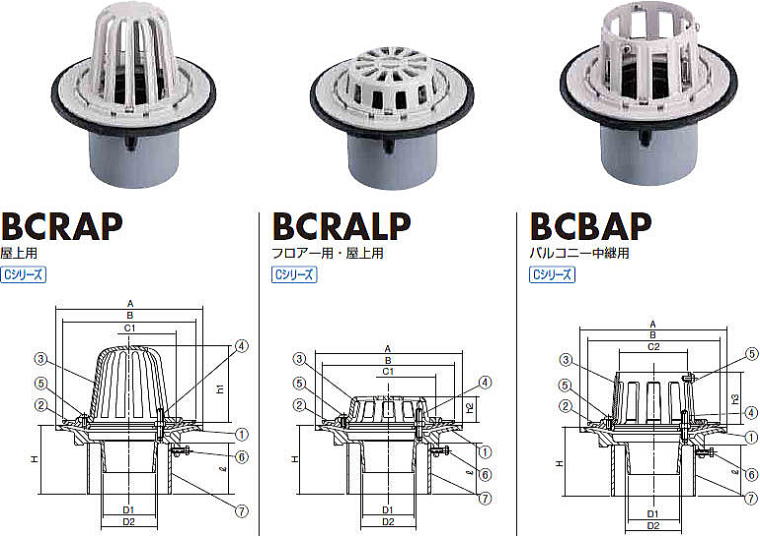アルミ鋳物ルーフドレン BCRAP・BCRALP・BCBAP 