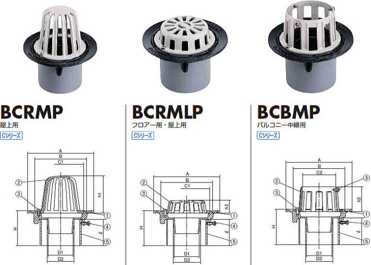 アルミ鋳物ルーフドレン BCRMP・BCRMLP・BCBMP