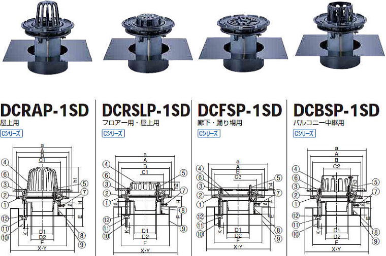 外断熱デッキ用ルーフドレン DCRAP-1SD・DCRSLP-1SD・DCFSP-1SD・DCBSP-1SD 