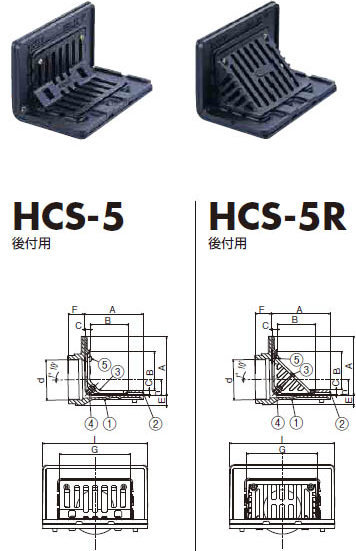 後付け、アスファルト・シート防水、ねじ込式接続用 コーナードレン シート防水巾50mmタイプ HCS-5・HCS-5R