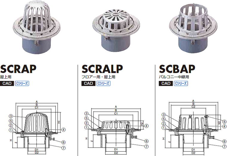 ステンレス鋳物ルーフドレン SCRAP・SCRALP・SCBAP 